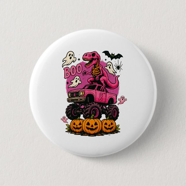 Skeleton T Rex Dinosaur Monster Truck Pumpkin Brea Button (Front)