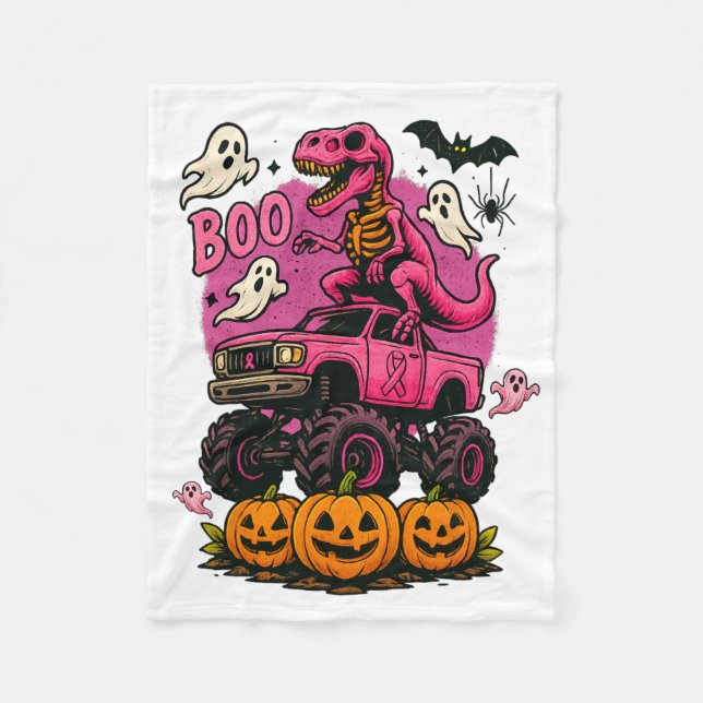 Skeleton T Rex Dinosaur Monster Truck Pumpkin Brea Fleece Blanket (Front)