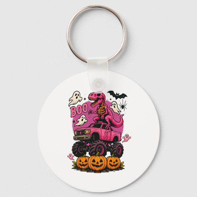 Skeleton T Rex Dinosaur Monster Truck Pumpkin Brea Keychain (Front)