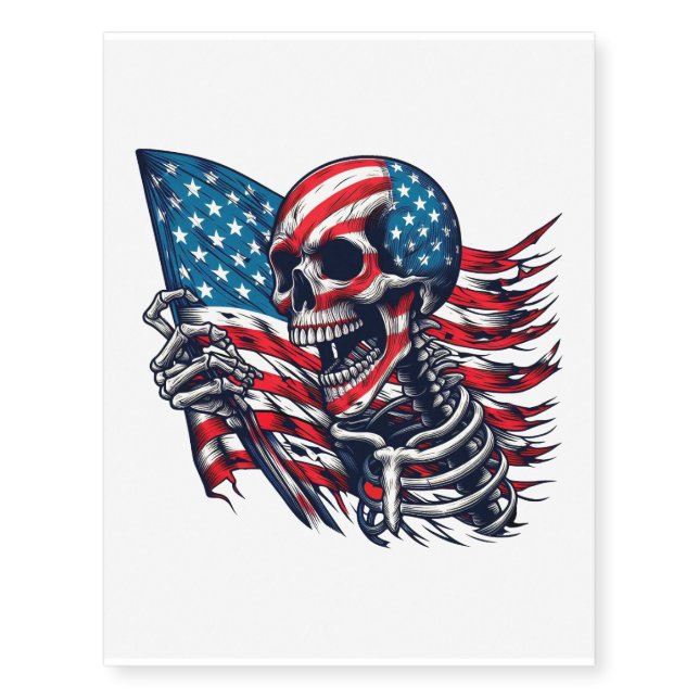 Skeleton tattered American Flag Patriotic art Temporary Tattoos (Front)
