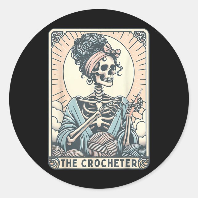 Skeleton The Crocheter Mom Tarot Card Knitter Croc Classic Round Sticker (Front)