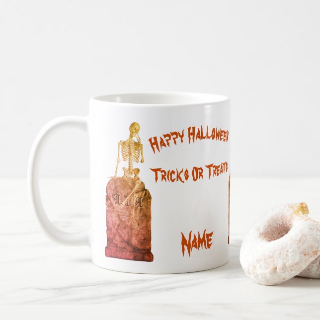 Skeleton Tombstone Halloween Funny Personalized Coffee Mug (With Donut)