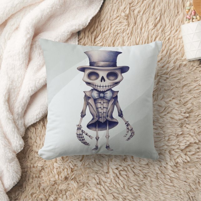 Skeleton Top Hat Bow Tie Gray Halloween Throw Pillow (Blanket)
