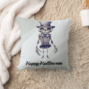 Skeleton Top Hat Bow Tie Gray Happy Halloween Throw Pillow