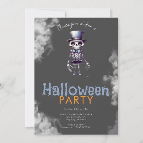 Skeleton Top Hat Gray Smoke Halloween Party Invitation