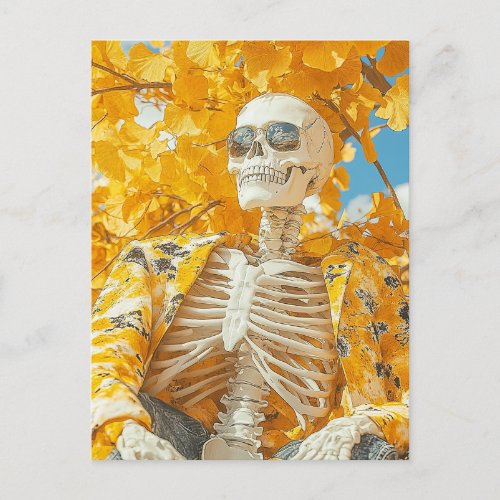 Skeleton under an autumn tree postcard