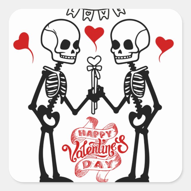 Skeleton Valentine’s Day Sticker, Valentines Day Square Sticker (Front)