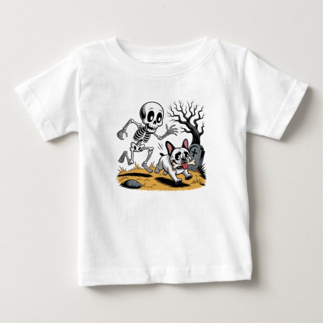 Skeleton vs French Bulldog – Funny Halloween Chase Baby T-Shirt (Front)