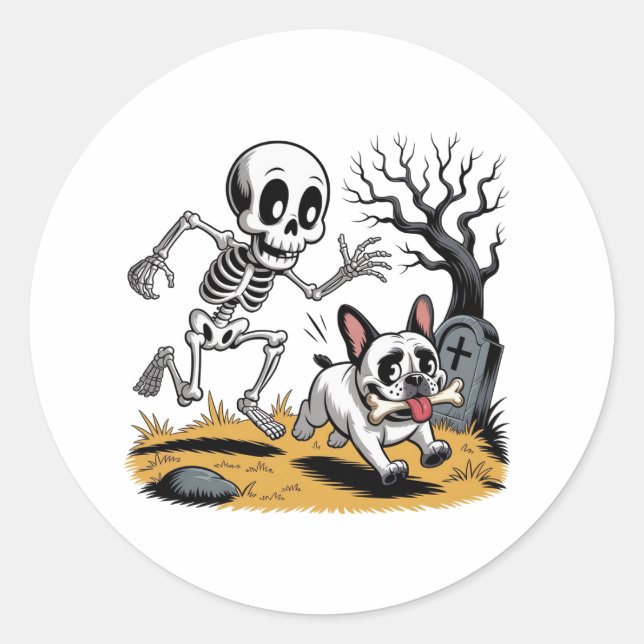 Skeleton vs French Bulldog – Funny Halloween Chase Classic Round Sticker (Front)