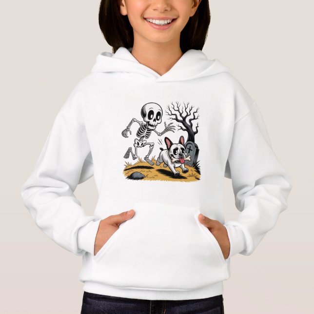 Skeleton vs French Bulldog – Funny Halloween Chase Hoodie (Front)