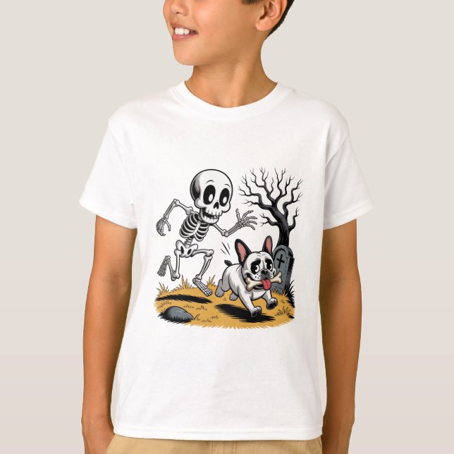 Skeleton vs French Bulldog – Funny Halloween Chase T-Shirt (Front)