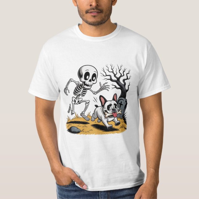Skeleton vs French Bulldog – Funny Halloween Chase T-Shirt (Front)