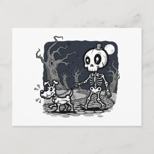 Skeleton Walking Dog Halloween Art Postcard