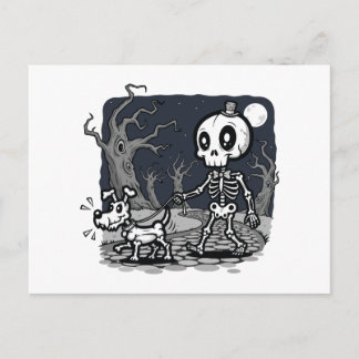 Skeleton Walking Dog Halloween Art Postcard