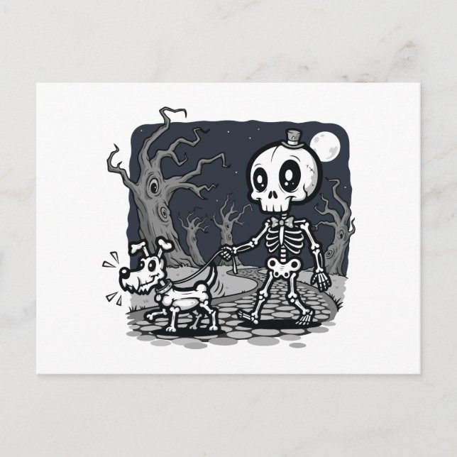 Skeleton Walking Dog Halloween Art Postcard (Front)