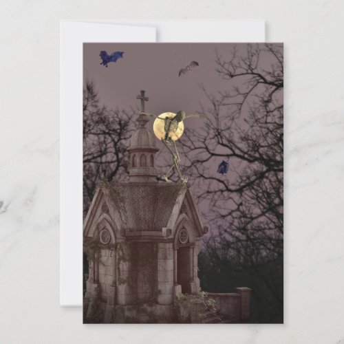 Skeleton Walking on the Roof of a Crypt at Night Invitation