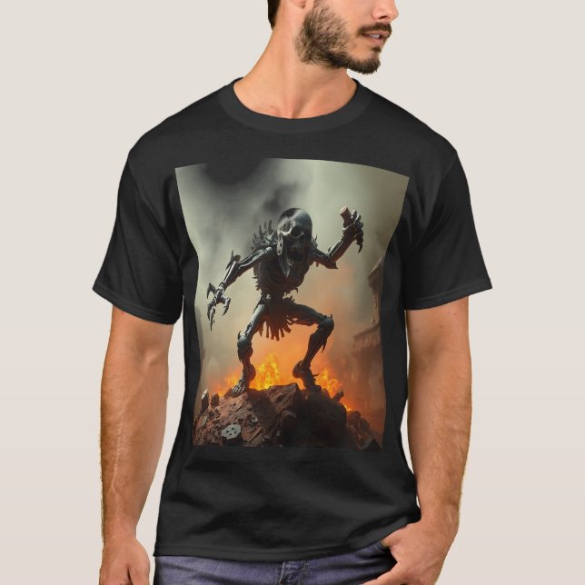 Skeleton Warrior in a Burning Battlefield T-Shirt (Front)