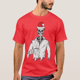 Skeleton Wear Santa Hat Drinking Coffee Christmas T-Shirt