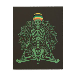 Skeleton Wearing Jamaican Hat Halloween Yoga Pose Wood Wall Art