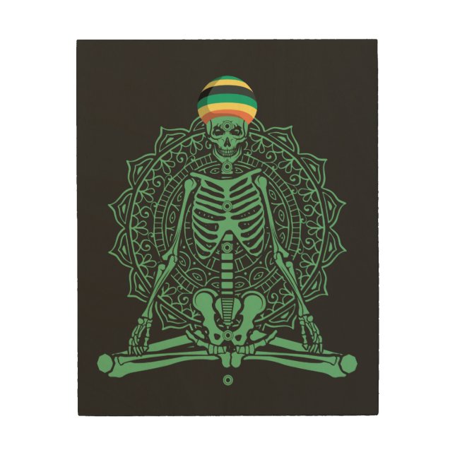 Skeleton Wearing Jamaican Hat Halloween Yoga Pose Wood Wall Art (Front)