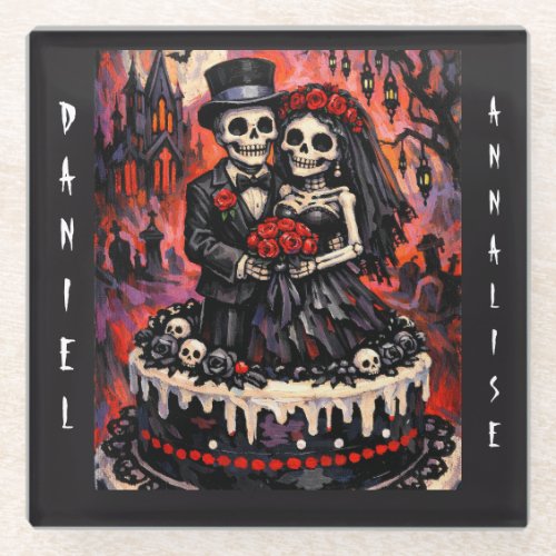 Skeleton Wedding, gothic Lovers Embrace  Glass Coaster