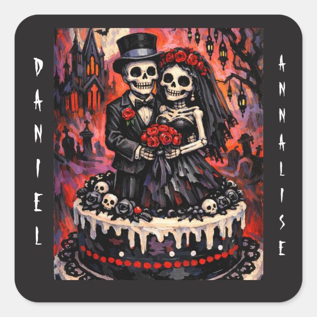 Skeleton Wedding, gothic Lovers Embrace  Square Sticker (Front)