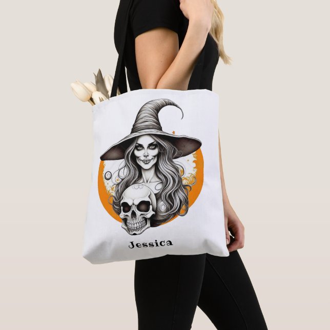 Skeleton Witch Halloween Realistic Art Tote Bag (Close Up)