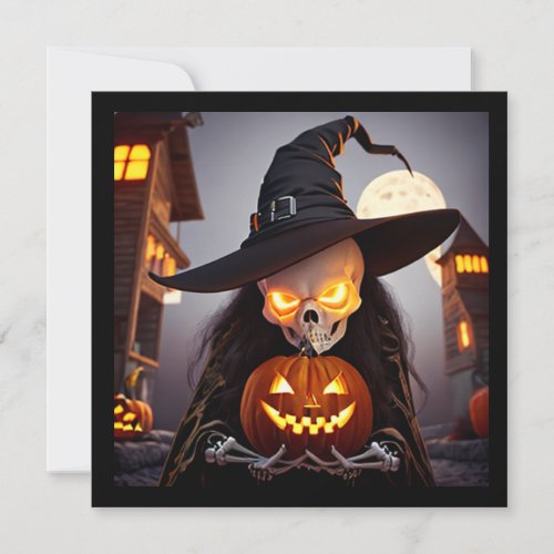 Skeleton Witch Holding a Glowing Pumpkin Halloween Invitation