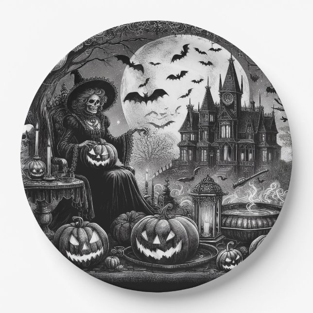 Skeleton Witch Pumpkin  Paper Plates (Front)