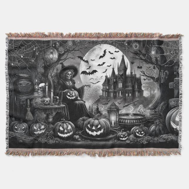 Skeleton Witch Pumpkin  Throw Blanket (Front)