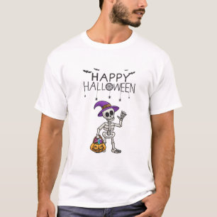 Skeleton Witch Trick-or-Treat Cartoon Halloween T-Shirt