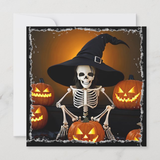 Skeleton Witch's Hat and Jack-O-Lanterns Halloween Invitation (Front)