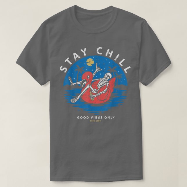 Skeleton With A Bottle Beer Sitting In A Flamingo  T-Shirt (Design Front)