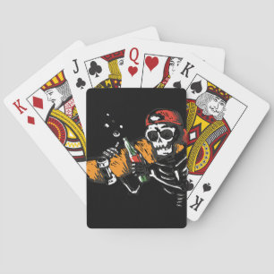 Skeleton With a Bottle on a set of Poker Cards