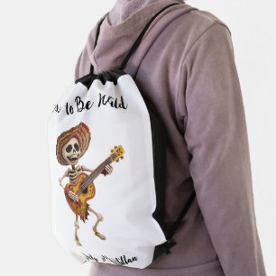 Skeleton with a Hat Playing a Guitar Halloween Drawstring Bag