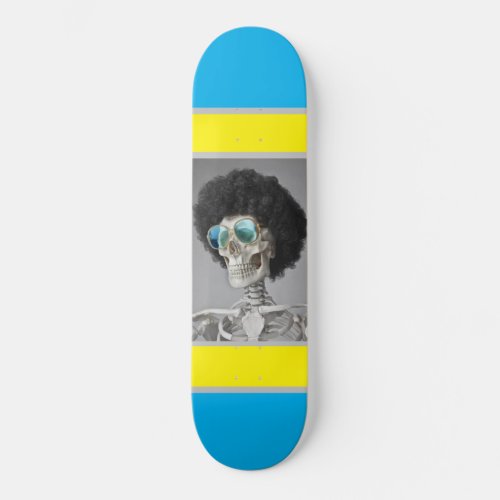 Skeleton with afro skateboard