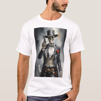 Skeleton with black tuxedo holding a revolver T-Shirt