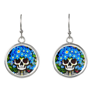 Skeleton With Blue Flower Hair Earrings