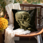 Skeleton with Burning Cigarette | Vincent van Gogh Throw Pillow<br><div class="desc">Skull of a Skeleton with Burning Cigarette (1886) by Vincent van Gogh is a striking and unconventional still-life painting that features a human skull with a lit cigarette between its teeth. The dark background enhances the starkness of the skeletal figure, while the small plume of smoke adds a sense of...</div>