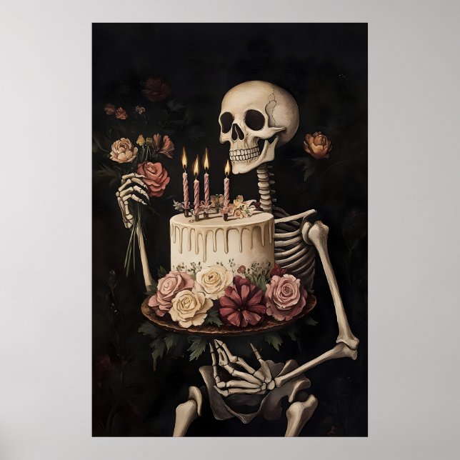 Skeleton With Cake And Flowers Print, Happy Poster (Front)