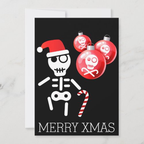 Skeleton with candy cane santa hat holiday card