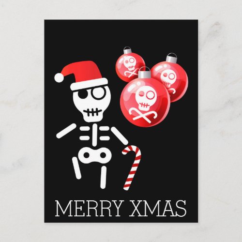Skeleton with candy cane santa hat holiday postcard