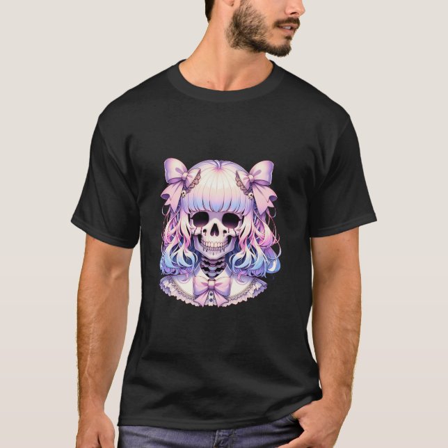 Skeleton with Coquette Bow Pastel Goth Halloween T-Shirt (Front)