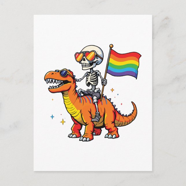 Skeleton with dinosaur Lgbtq Holiday Postcard (Front)