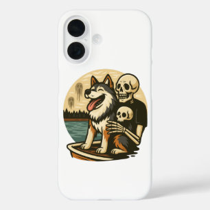 Skeleton with Dog on Haunted Lake Horror Art iPhone 16 Case