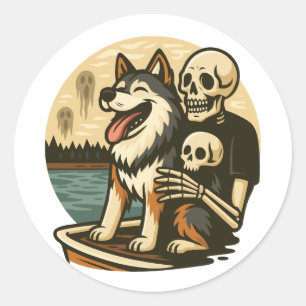 Skeleton with Dog on Haunted Lake Horror Art Classic Round Sticker