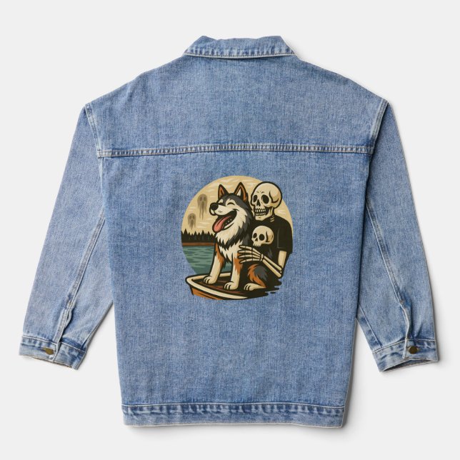 Skeleton with Dog on Haunted Lake Horror Art Denim Jacket (Back)