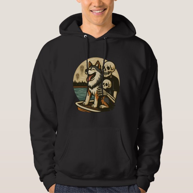 Skeleton with Dog on Haunted Lake Horror Art Hoodie (Front)