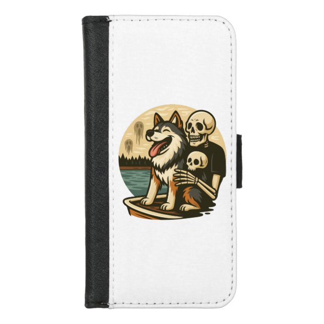 Skeleton with Dog on Haunted Lake Horror Art iPhone Wallet Case (Front)