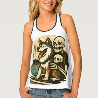 Skeleton with Dog on Haunted Lake Horror Art Tank Top